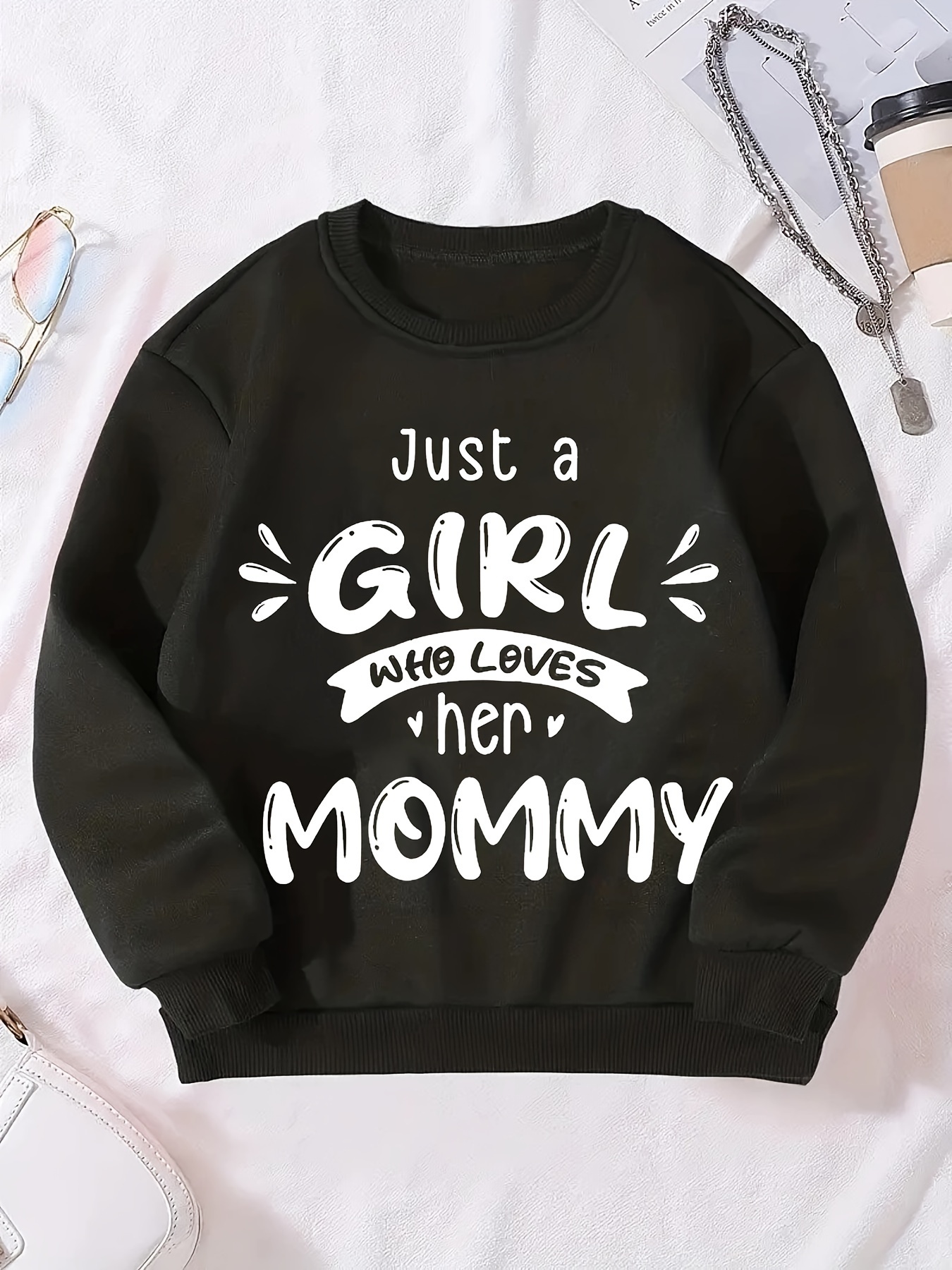 A Girl Loves Mommy Pattern Girls Crew Neck Long Sleeve - Temu