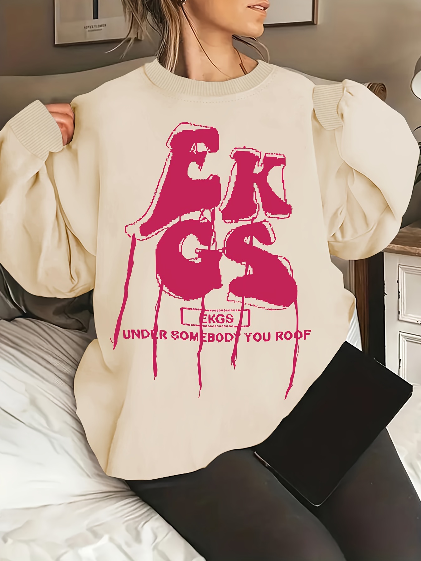 Letter Graphic Crew Neck Pullover Sweatshirt Long Sleeve Temu Canada