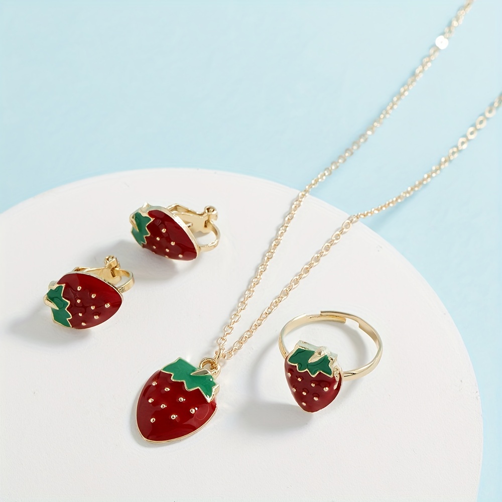 1Set Girl's New Simple Children's Jewelry, Jewels Set, Summer Fashion Drop Oil Strawberry No Harm Ear Clip Necklace Ring,Temu