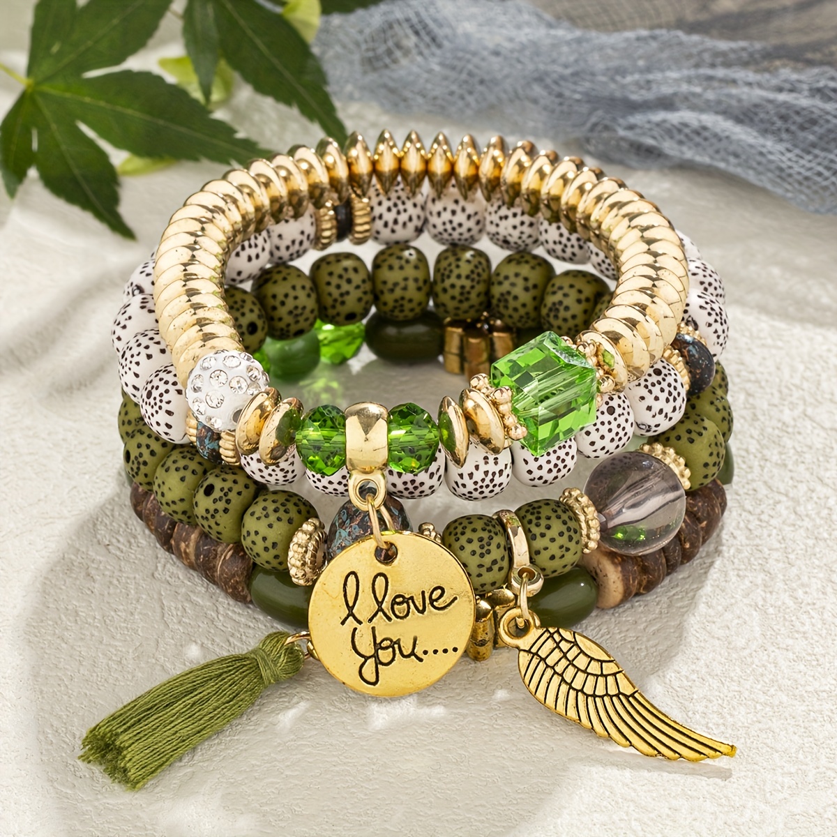

4pcs/set Bohemian "i Love You" Pendant Tassel Golden Beaded Men's Bracelet Set, For Couple Confession Jewelry Gift