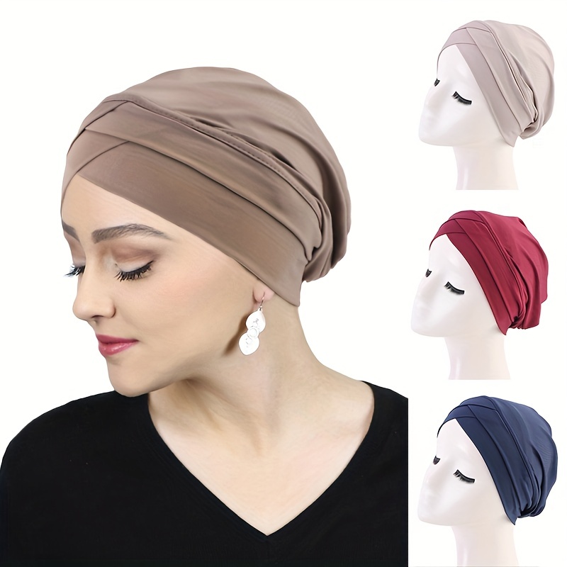 

Forehead Cross Turban Cap Simple Solid Color Head Wrap Elastic Bonnet Women Chemo Hats
