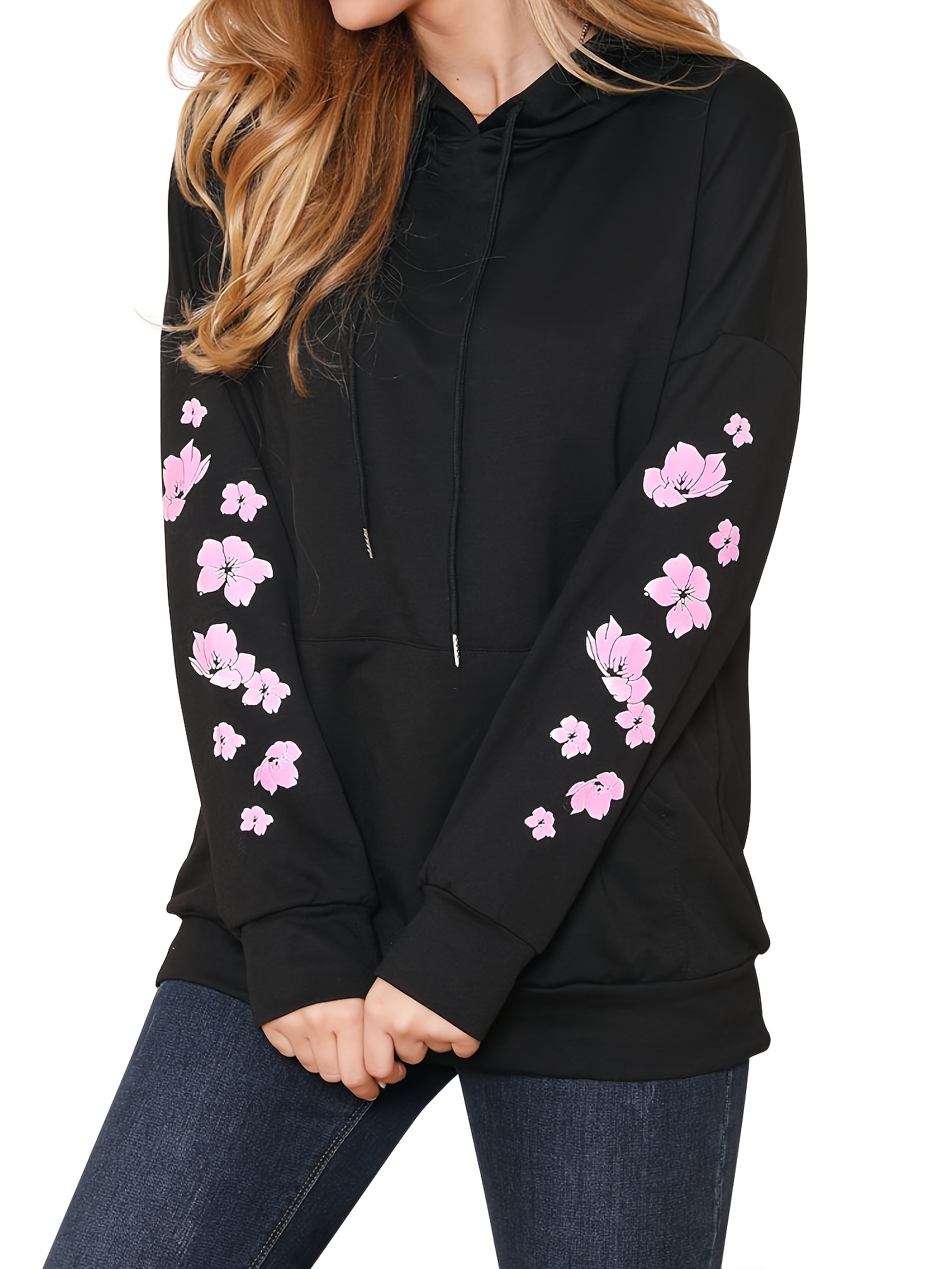 Leopard & Floral Print Kangaroo Pocket Hoodie, Casual Long Sleeve