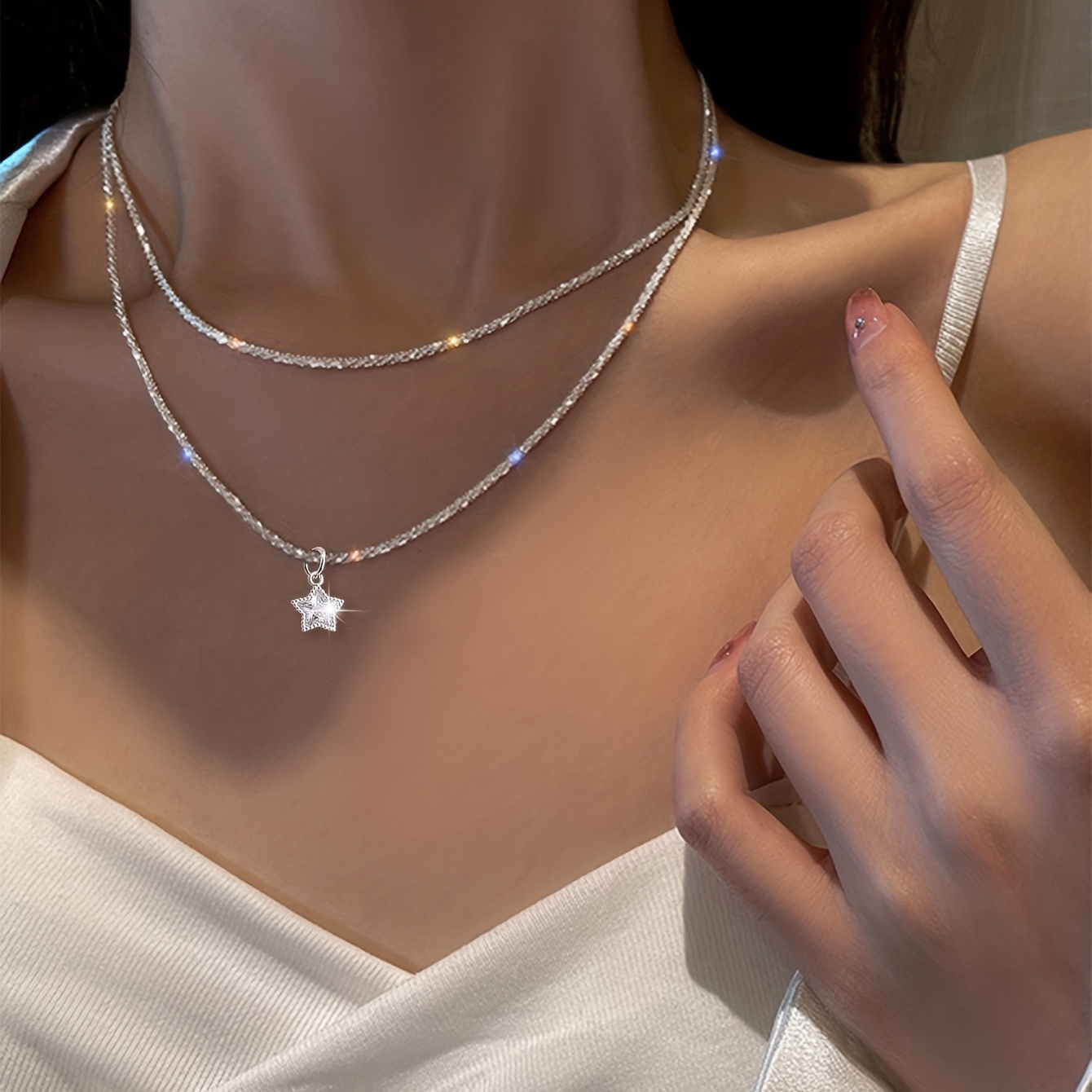 Silvery Sparkling Star Pendant Necklace Elegant Inlaid - Temu