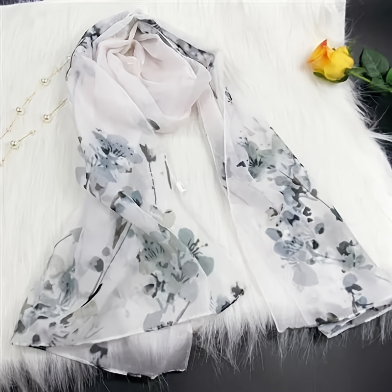 Chiffon Scarf Ink Flower Print Shawl Head Wrap Bandana Beach Towel