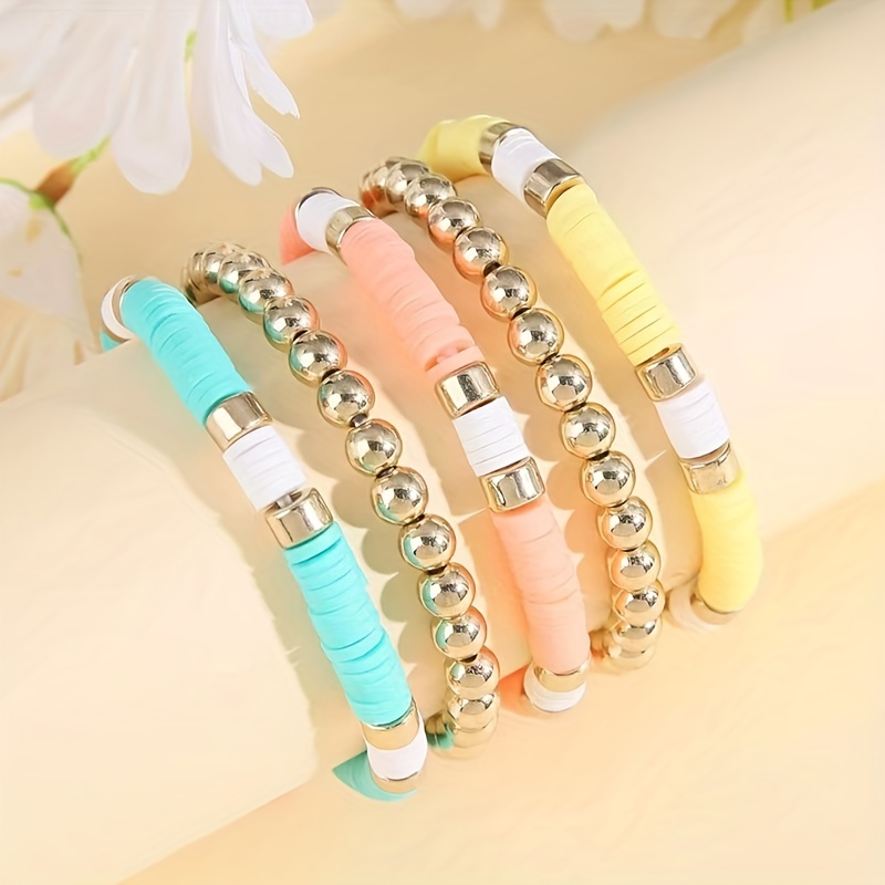Charm Elastic Summer Colorful Beads Women Clay Bracelet Letters Beach  Bangles Soft Pottery Bracelet Boho Jewelry WHITE 