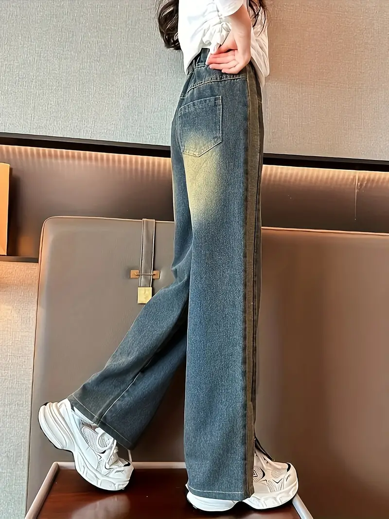Girls Retro Wide leg Jeans Split Hem Loose Casual Denim - Temu