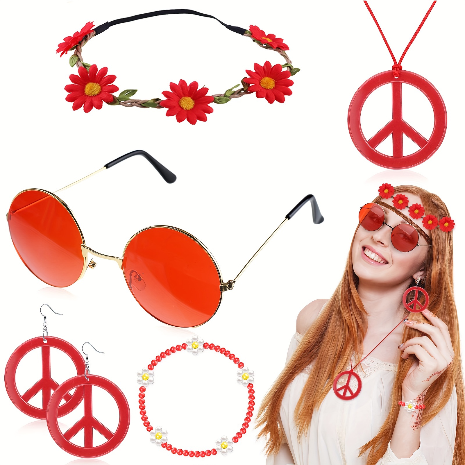 Hippie Costume Set Include Sunglasses, Headband, Peace Sign