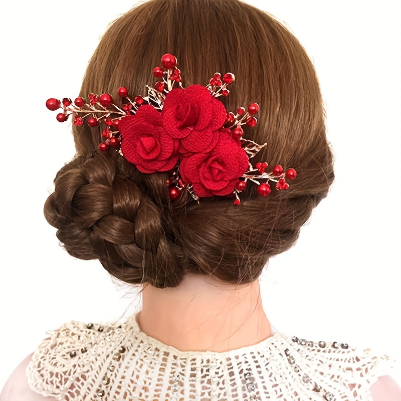 

1pc Red Rose Hair Comb Elegant Flower Hair Comb Insert Comb Hair Accessories For Female Women