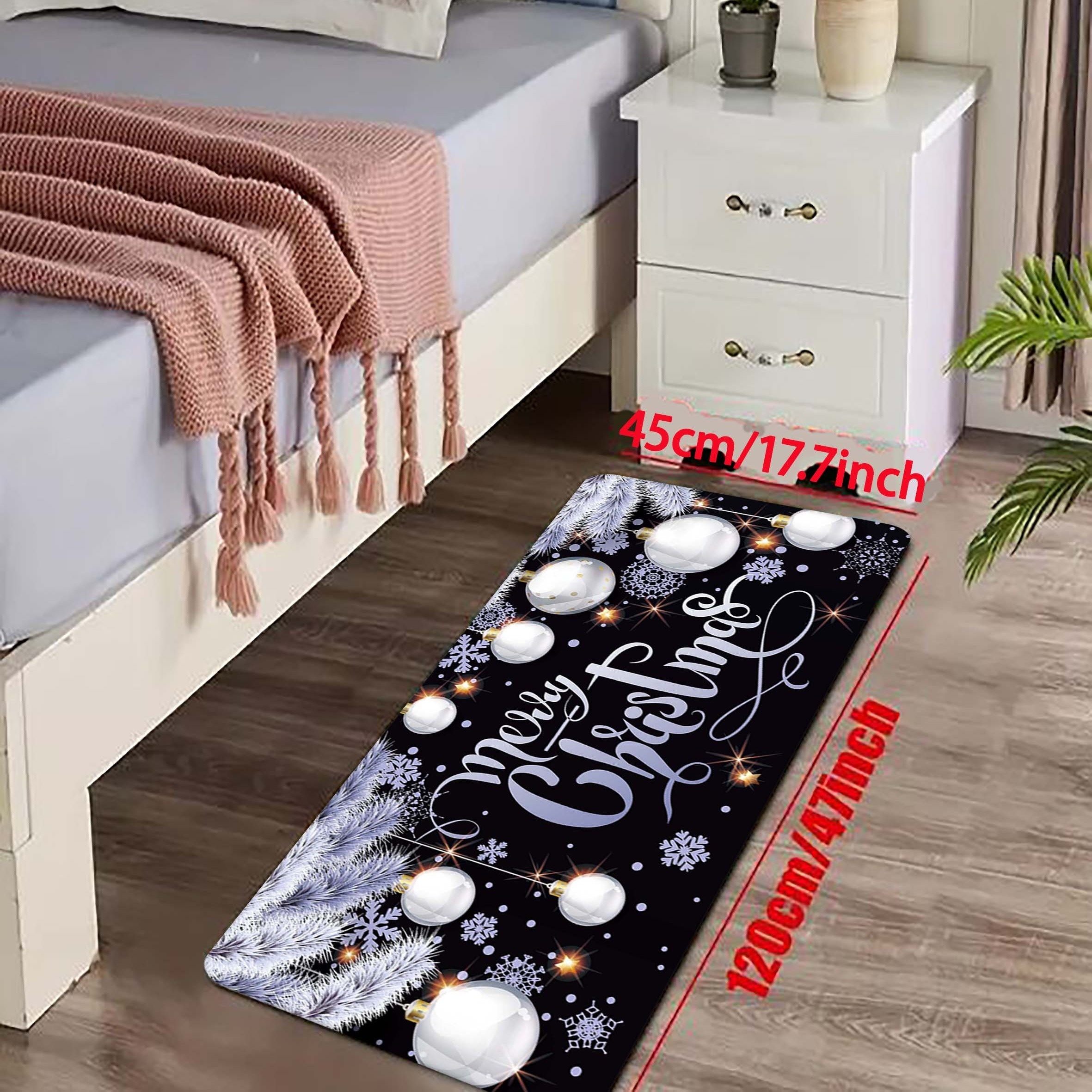 Image of Christmas Cheer Non-slip Bath Mat - Snowflake & Letter Design, Washable Flannel Rug For Bathroom, Bedroom, Living Room - Festive Home Decor