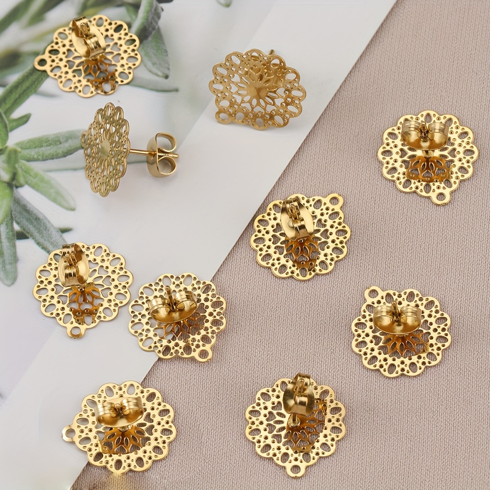 10pcs Stainless Steel Flower Ear Studs, Hollowed Earring Base With Earplug,  For Earrings DIY Jewelry Making Supplies