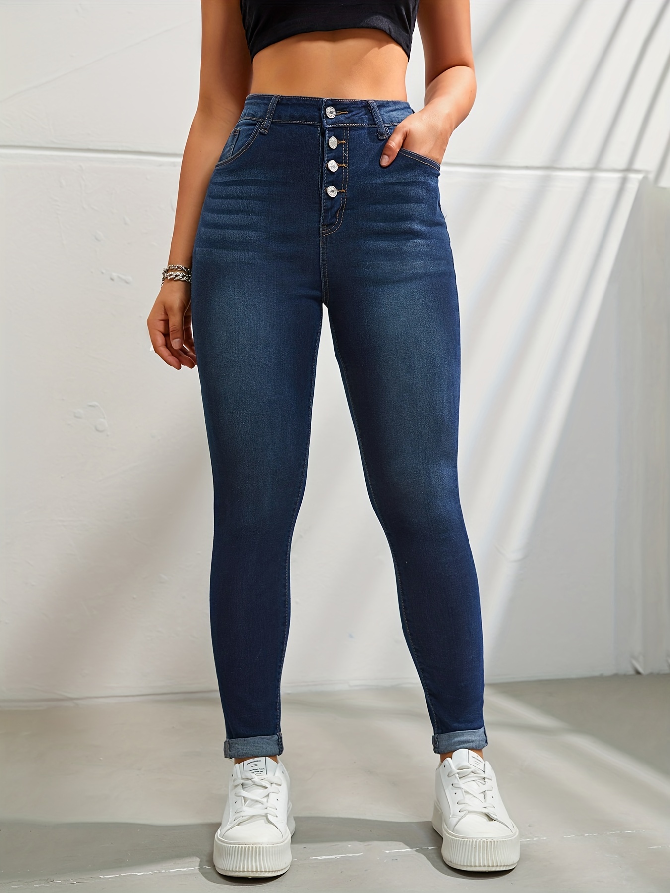 Dark Blue Versatile Skinny Jeans Slim Fit Slash Pockets - Temu Canada