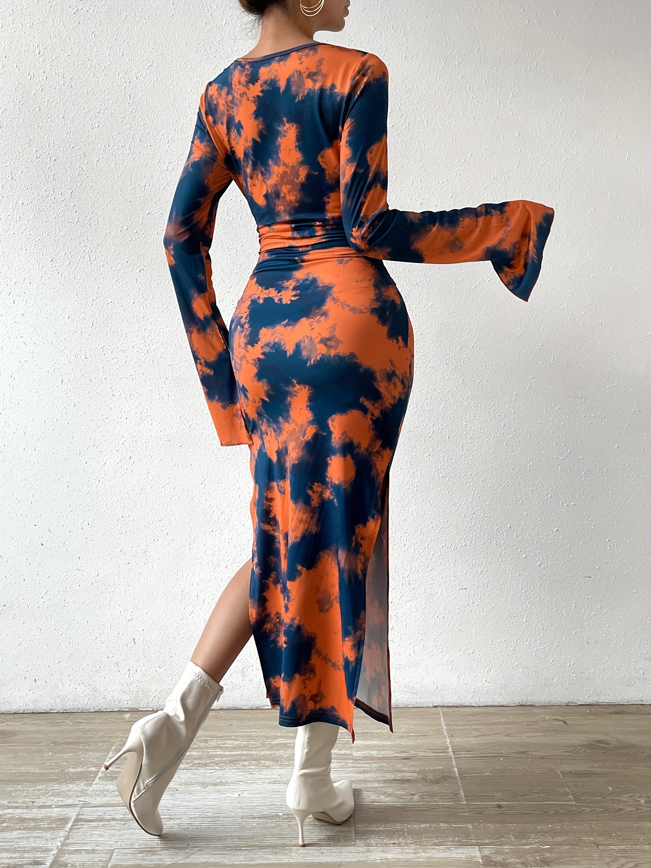 tie dye split thigh bodycon dress flare long sleeve crew - Temu