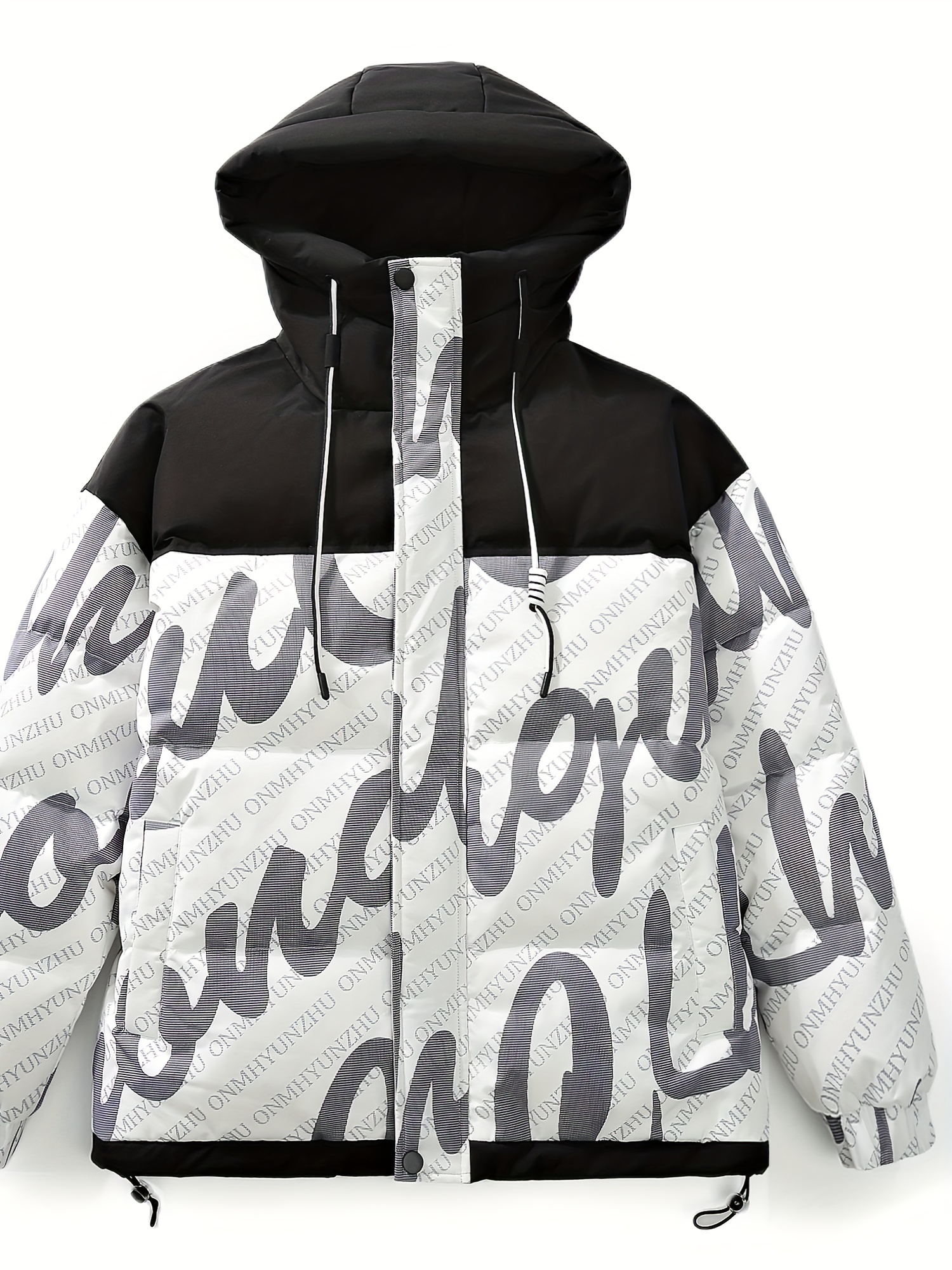 Men's Letter Print Puffer Jacket, Casual Windproof Flap Pocket Padded Coat  For Fall Winter - Temu