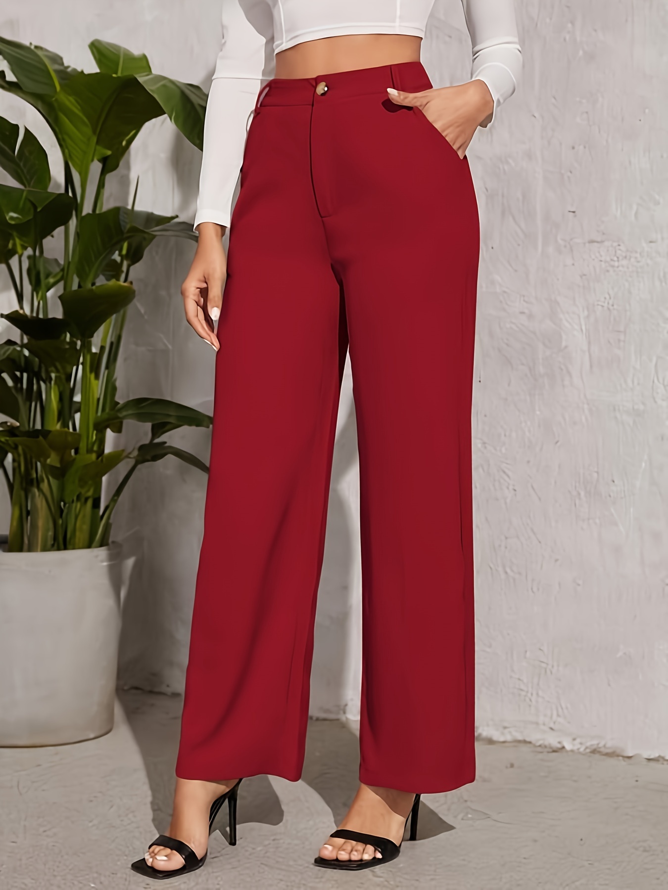 Solid Loose Straight Leg Pants, Elegant Suit Pants For Spring & Fall,  Women's Clothing