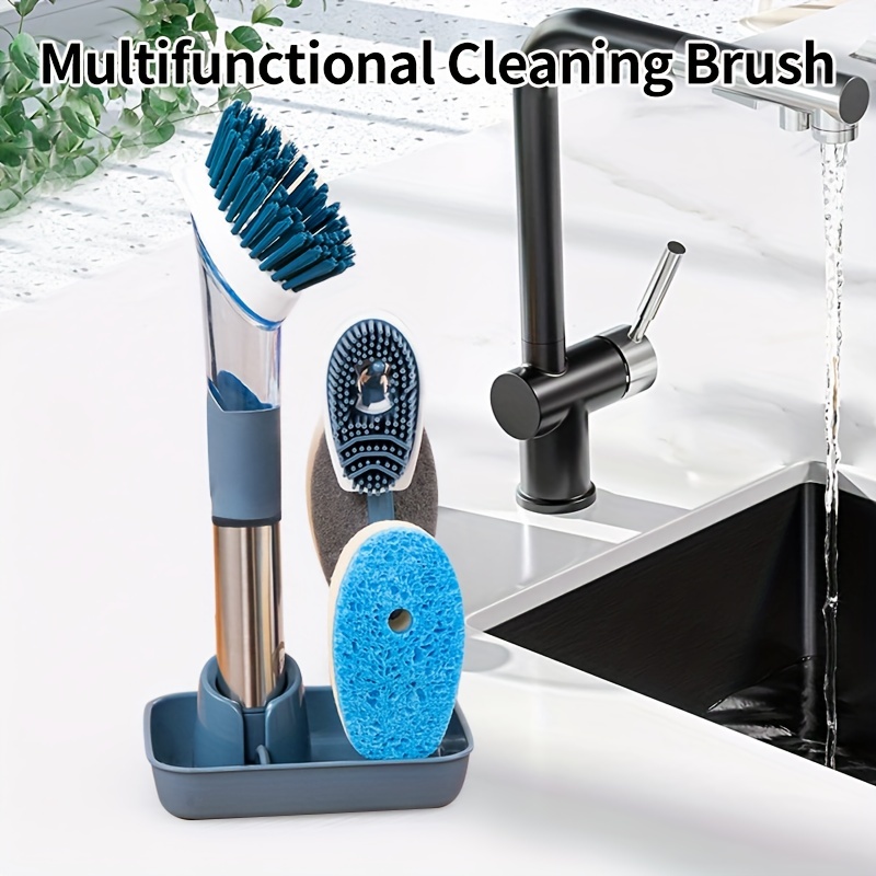 Dishwashing Brush Set, Dish Brush with Soap Dispensing Multi-Function Kitchen  Brush Washing Up Brush with Handle 4 Replacement Stiff Brushes and Stand 