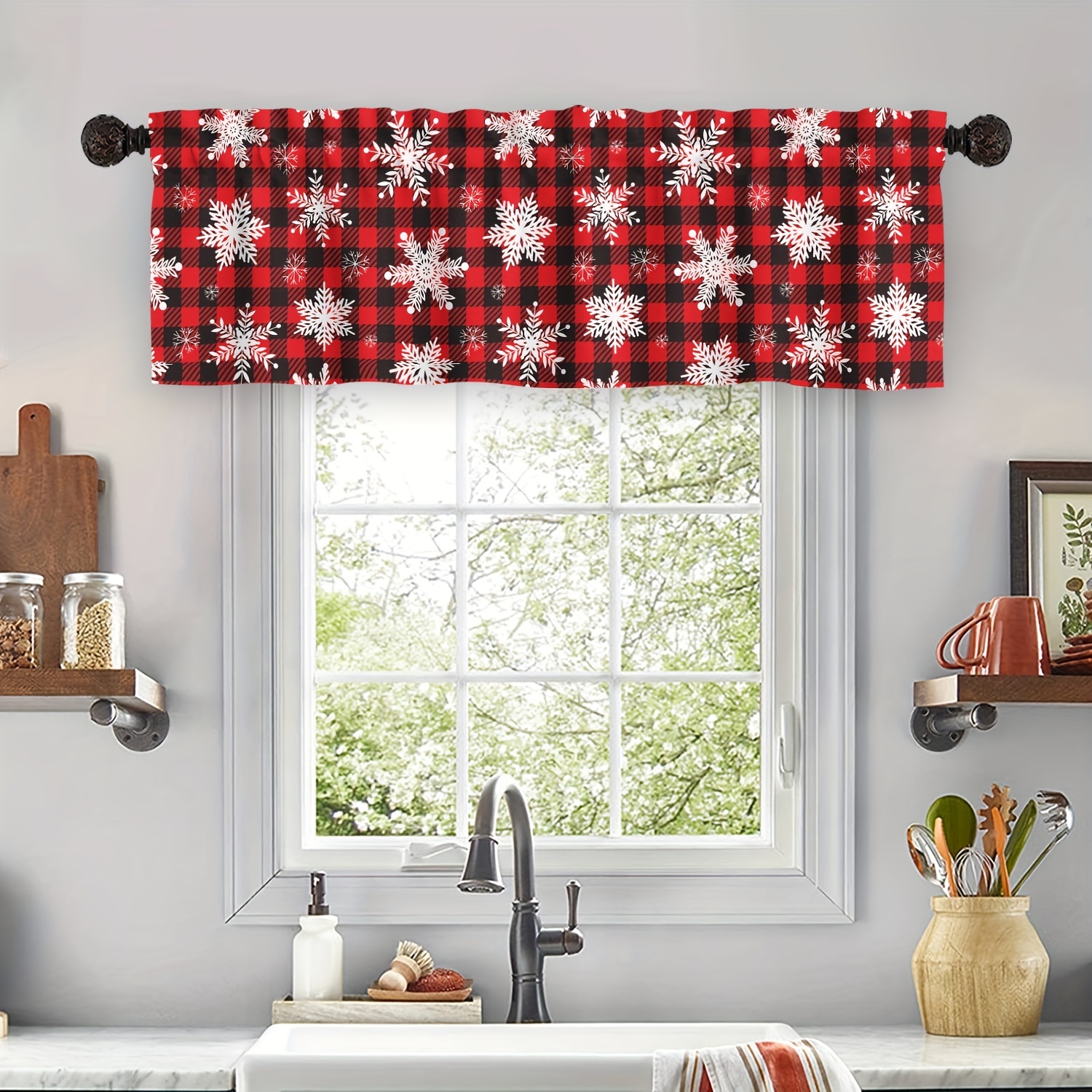 Cenefa de cortina de cocina, cenefa de Navidad para ventanas, decoración  con patrón de copo de nieve, cenefa de cortina para cortinas de baño