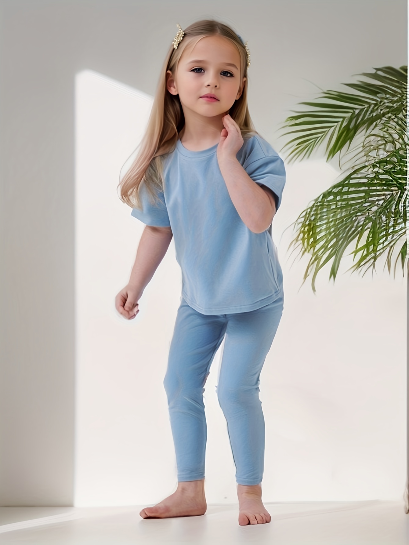 Girl's 2pcs T shirt & Leggings Set Solid Short Sleeve Top Casual Outfits