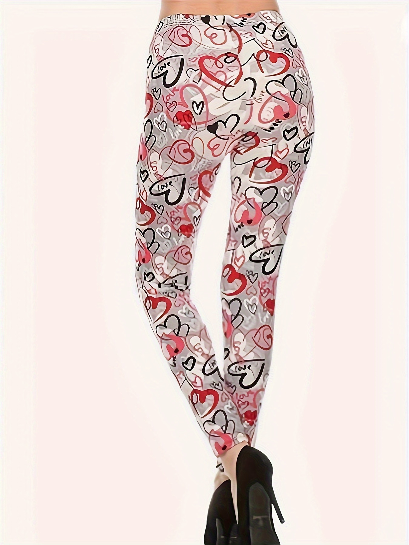 Heart Love Print Skinny Leggings Casual Stretchy Every Day - Temu