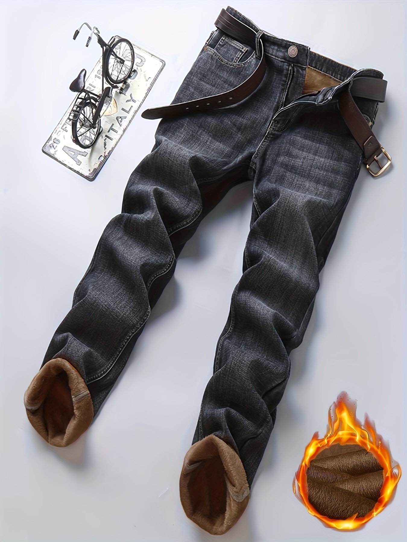 Men's Warm winter thick Thermal jeans fleece lined Denim Pants cotton  Trousers