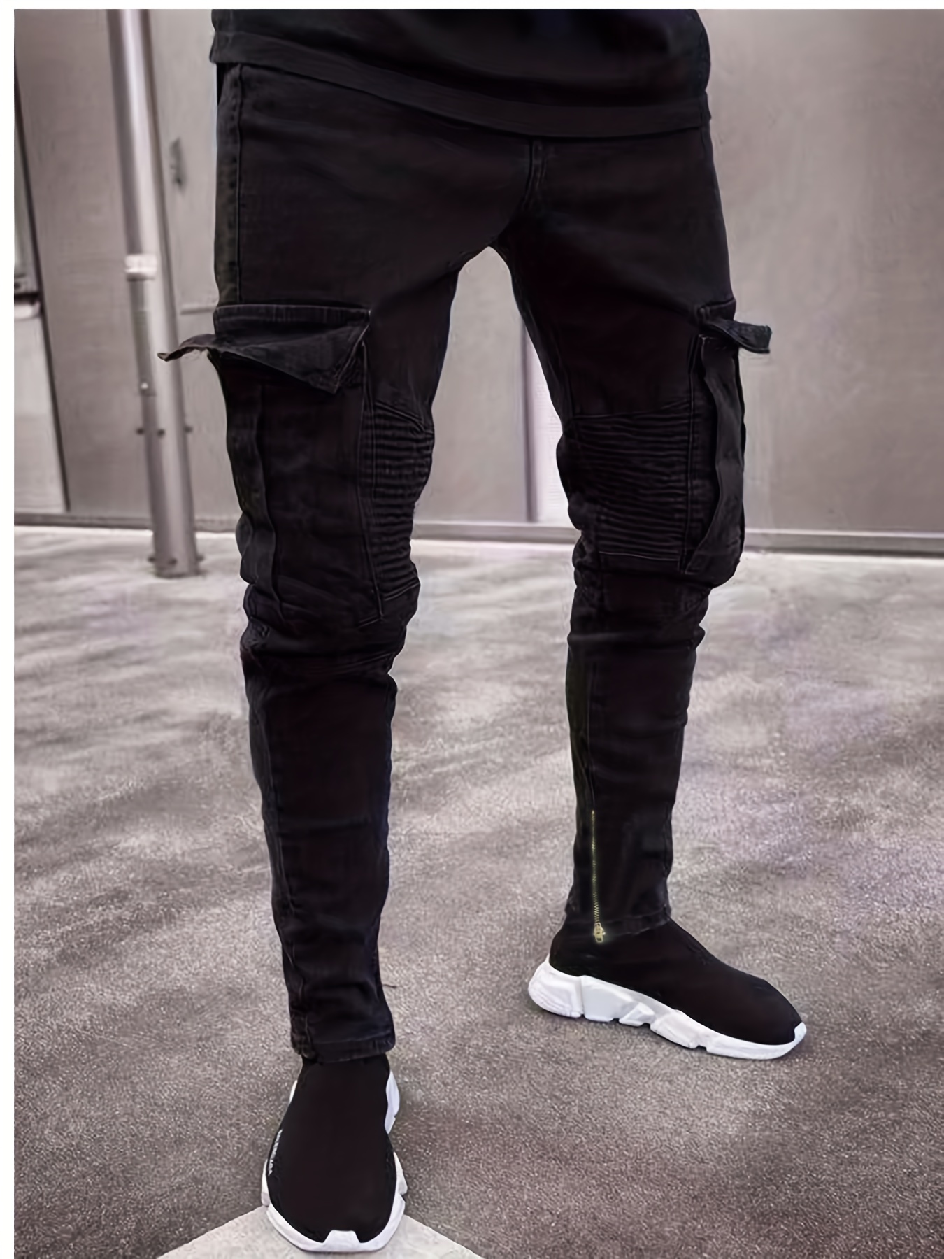 Slim Fit Biker Jeans Men's Casual Street Style Multi Pocket - Temu