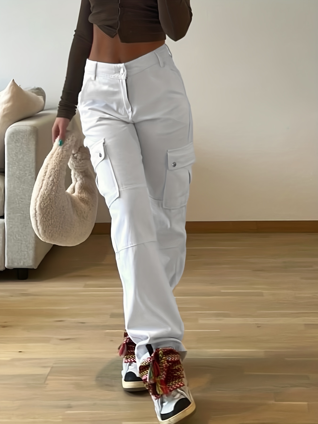 Pantalon cargo ample pour femme - Pantalon cargo Y2K - Taille haute -  Pantalon cargo - Pantalon cargo hip hop (taille : M, couleur : blanc cassé)