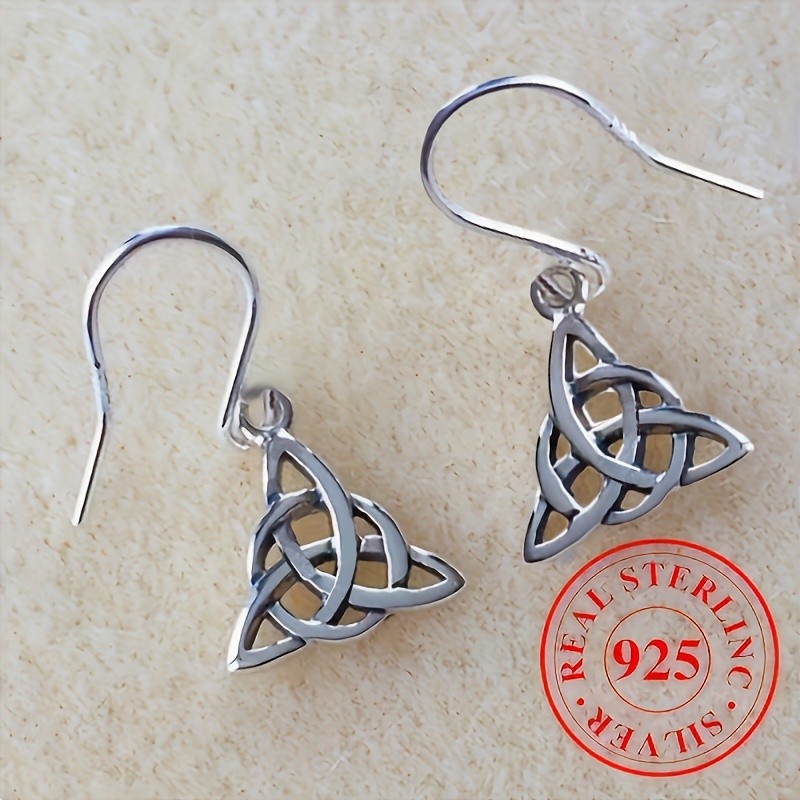 

Sterling 925 Silver Hypoallergenic Ear Jewelry Triangle Shape Celtic Knot Pattern Dangle Earrings Simple Style Trendy Female Gift