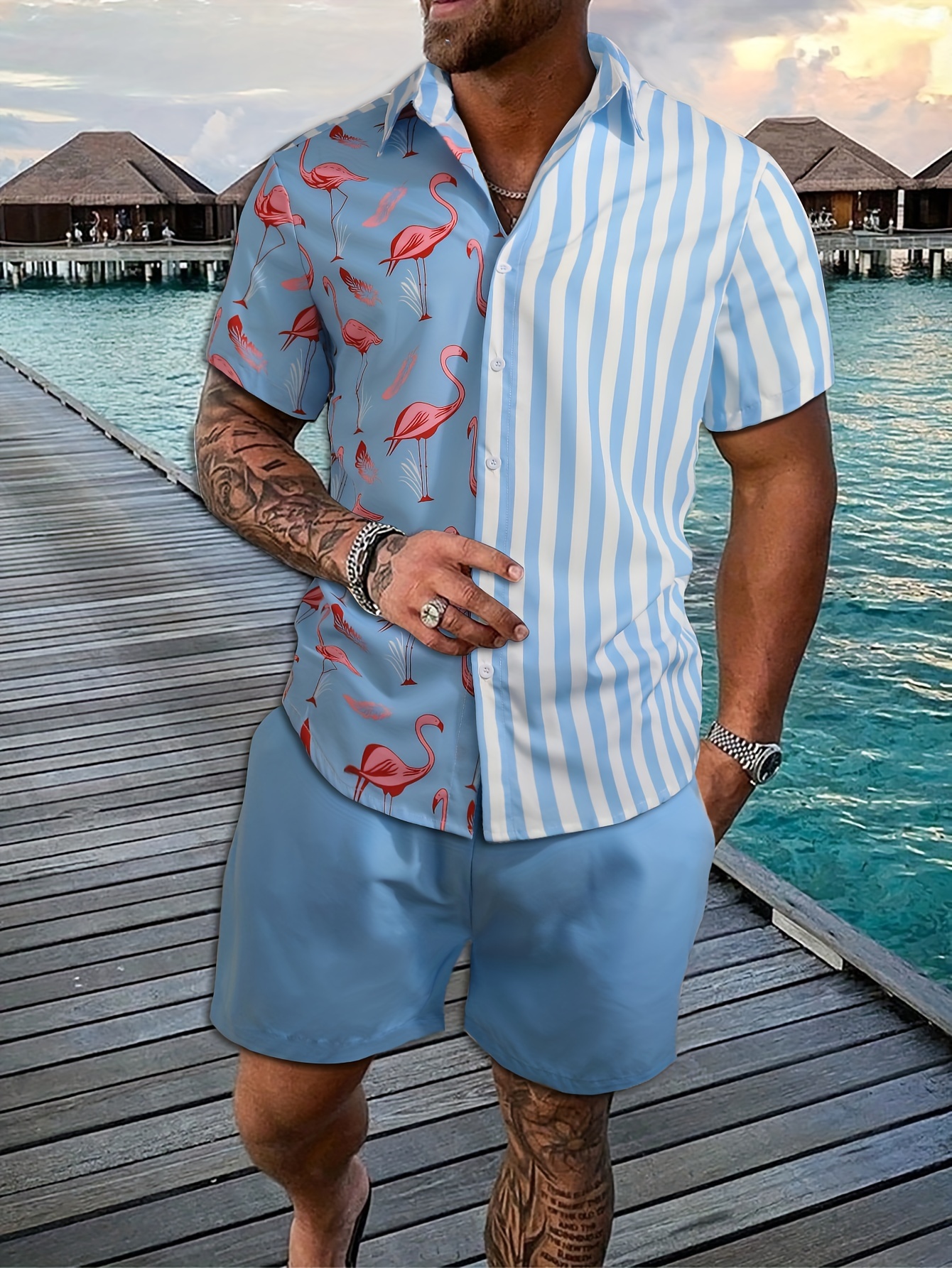 Men's Outfits, Flamingo And Strip Print Button Up Shirt And