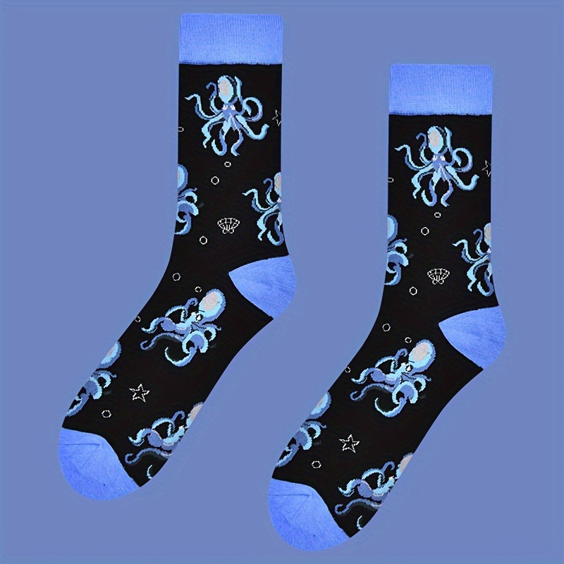 

1 Pair Of Men's Novelty Cartoon Octopus Pattern Crew Socks, Breathable Cotton Blend Comfy Casual Unisex Socks For Men's Outdoor Wearing All Seasons Wearing