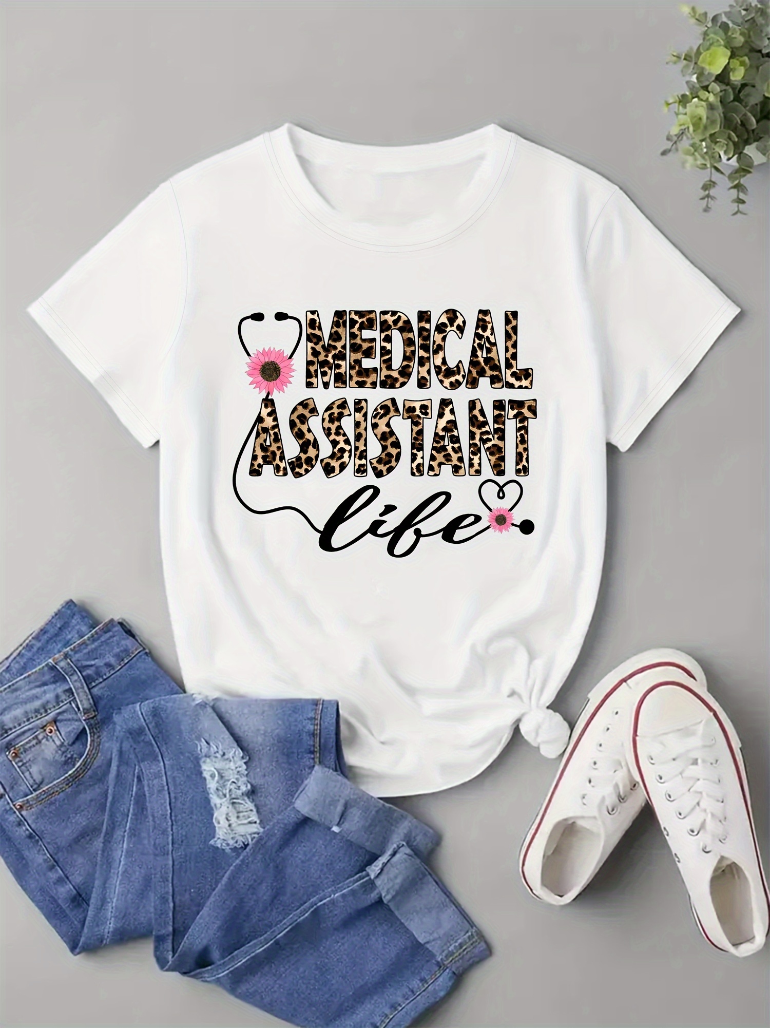 Stethoscope &amp; Leopard Letter Print T-shirt, Casual Short Sleeve Crew Neck Top For Spring &amp; Summer, Women's Clothing