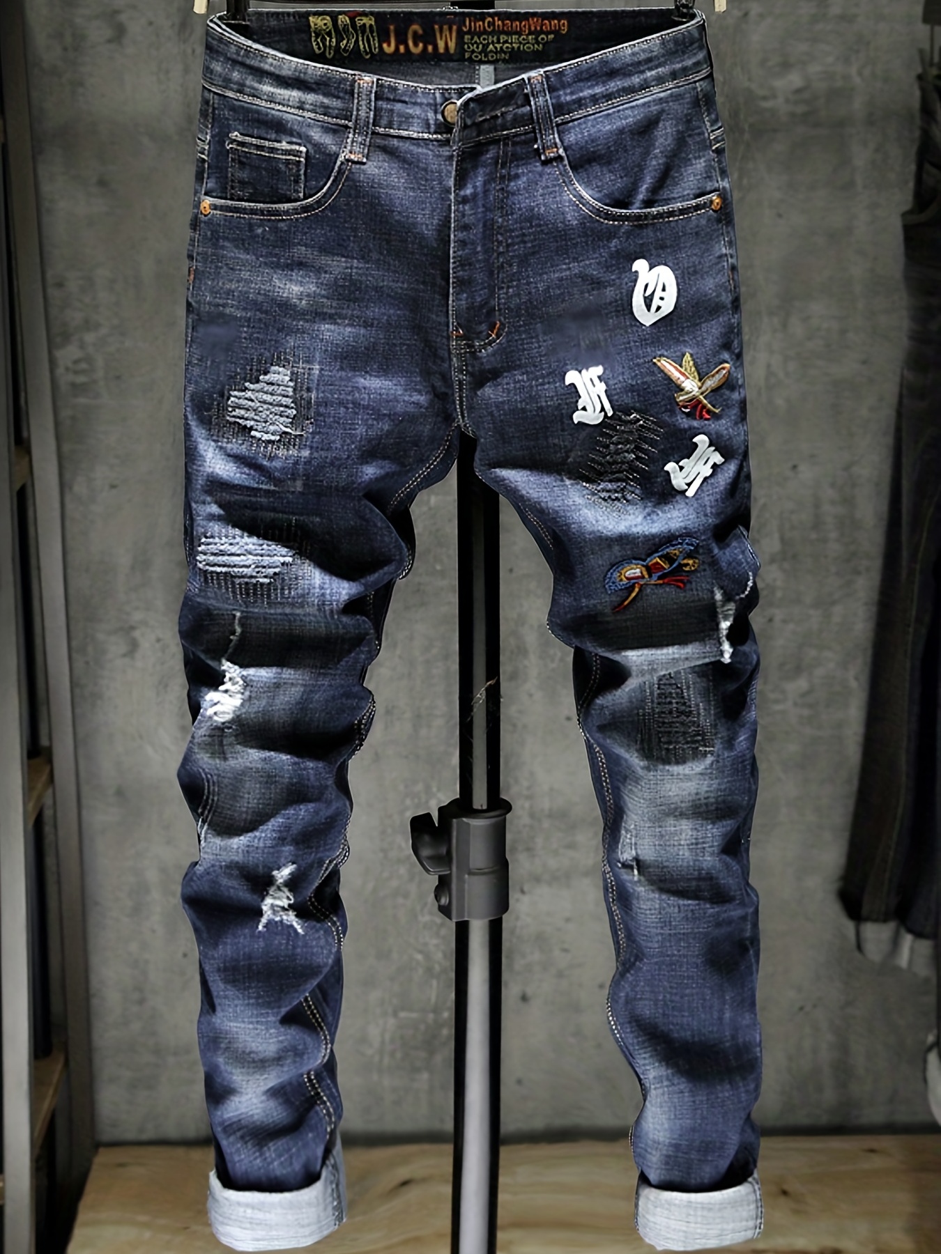 Men's Stylish Jeans With Embroidered Patch Print Best Sellers - Temu