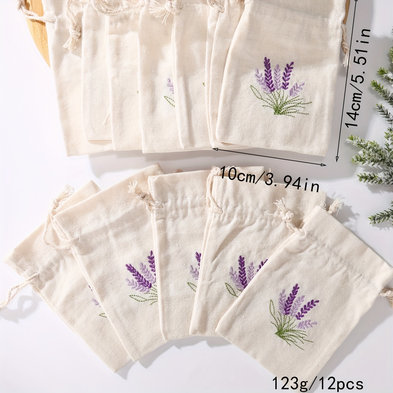 Image of 12pcs Linen-look Embroidered Canvas Bags, Lavender Drawstring Storage Pouches For Jewelry And Small Items, Burlap Bags