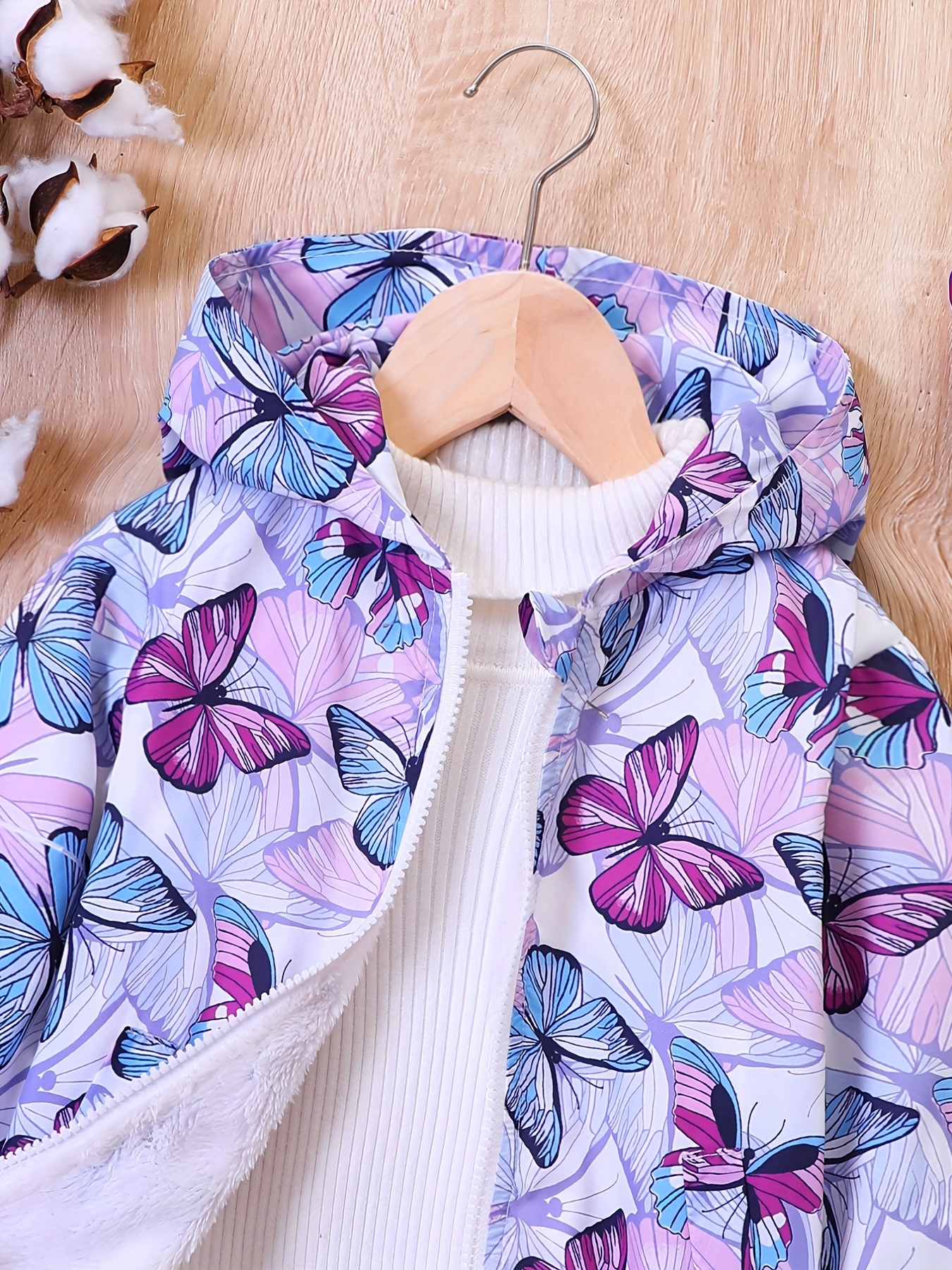 Butterfly Print Hooded Coat Girls Fleece Lined Zipper - Temu