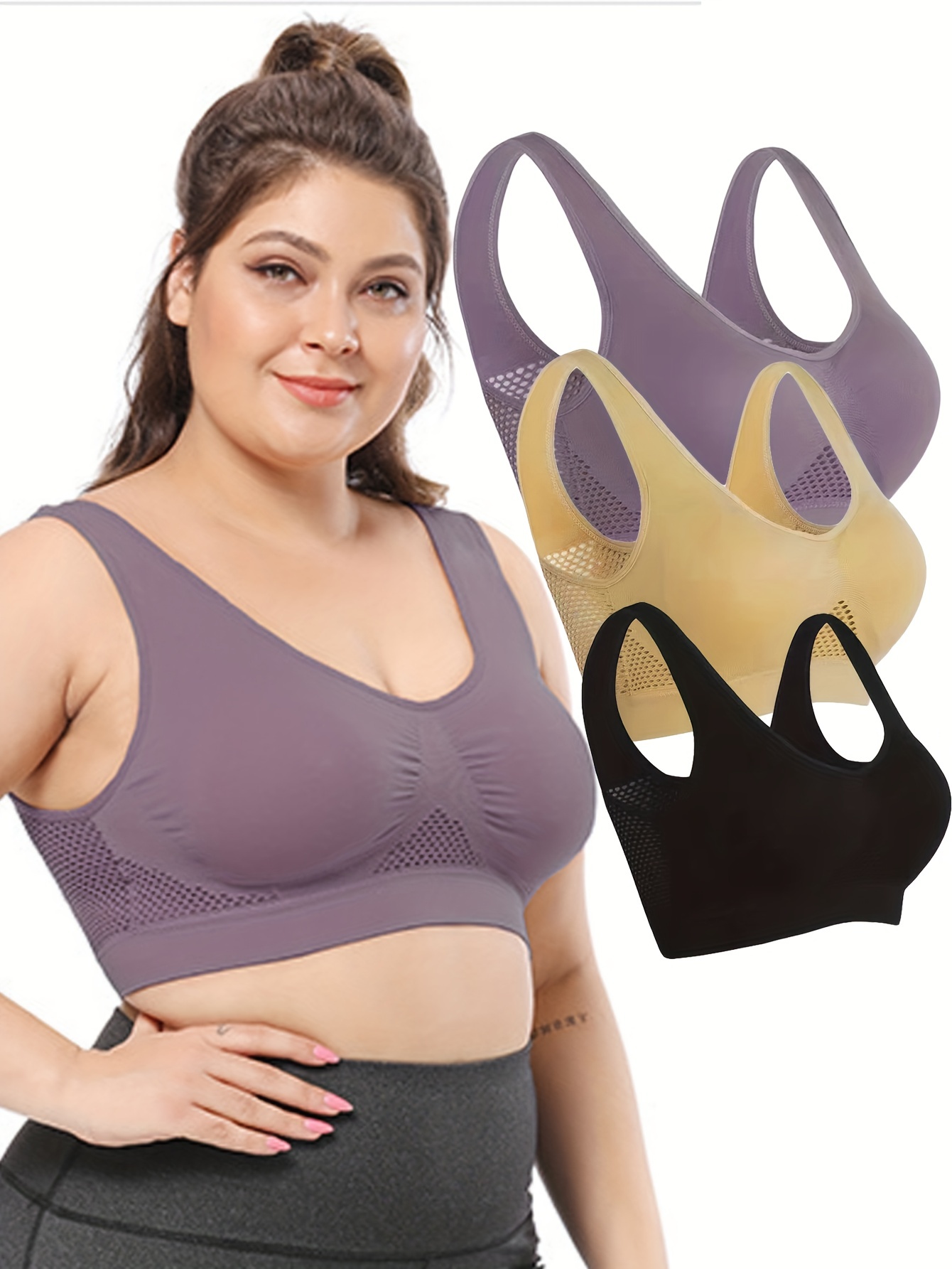 3 Pack Plus Size Sports Bras Set, Women's Plus Solid Non Padded Wireless  Medium Stretch Running Yoga Bra Three Piece Set