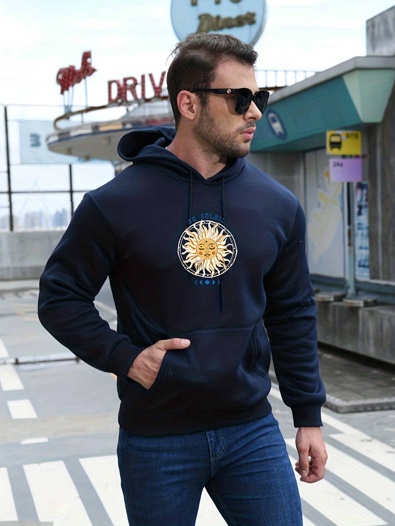 Geometric Sun Pattern Print Men's Long Sleeve Hoodies Street - Temu