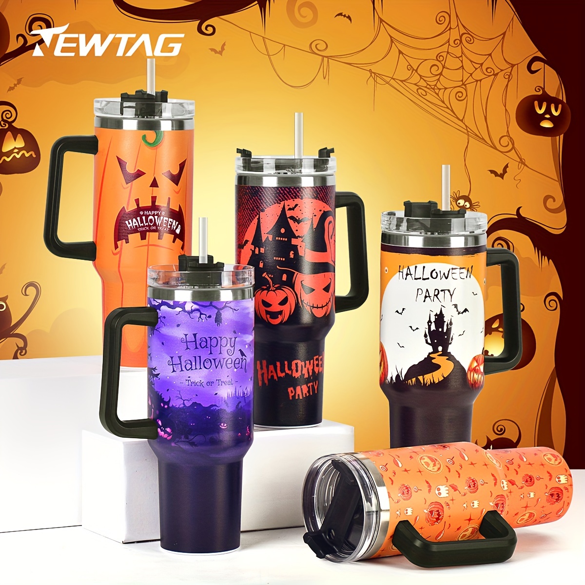 Halloween Sports Water Bottle With 4 Lids And Straws 304 - Temu