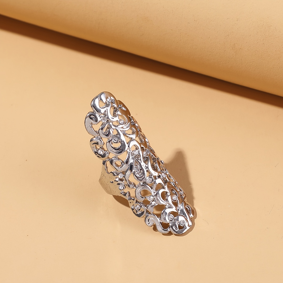 Exaggerated Long Hollow Open Ring, Silver Plated Adjustable Ring