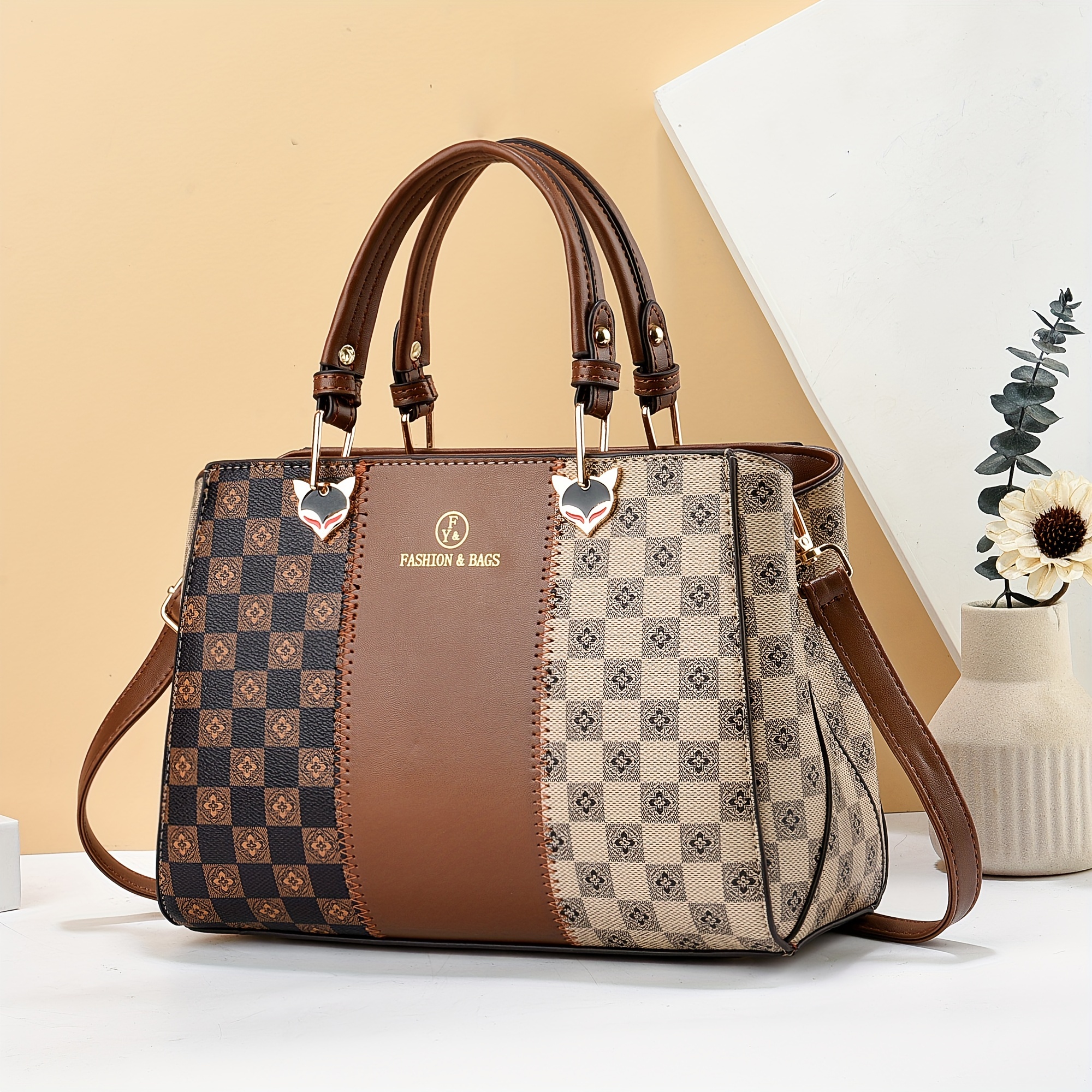

Colorblock Handbag For Women, Checkered Pattern Crossbody Bag, Trendy Top Handle Purse