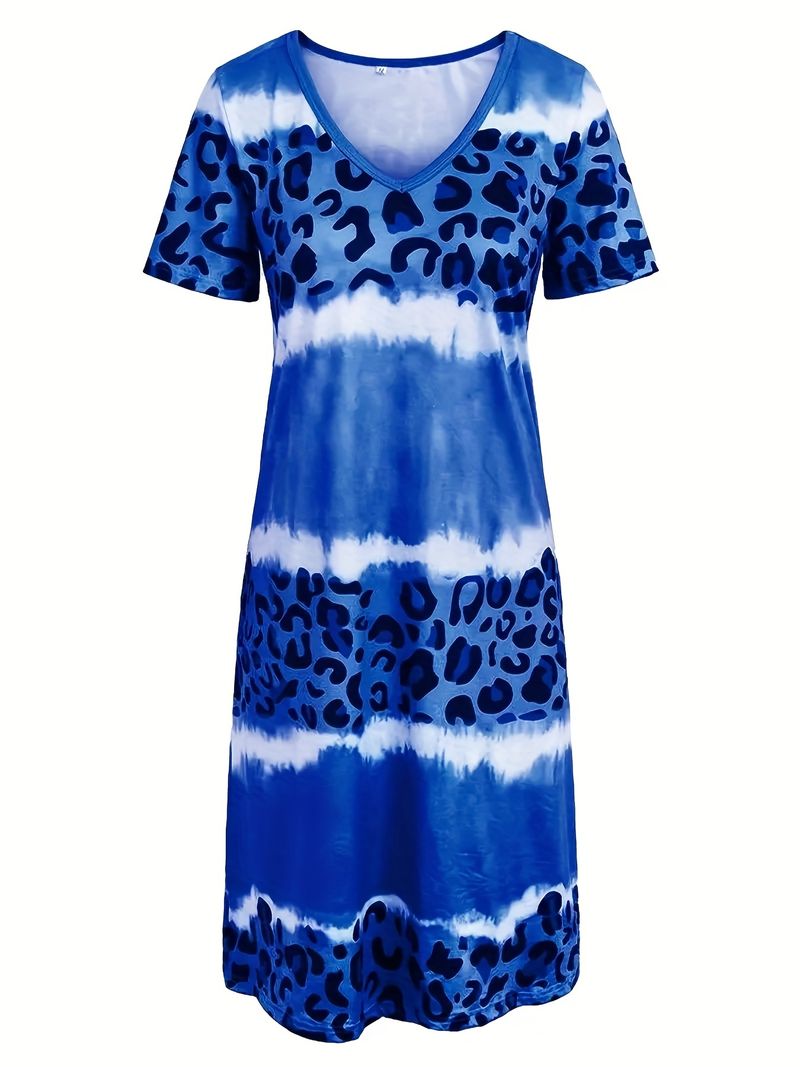 Plus Size Casual Dress, Women's Plus Tie Dye Leopard Short Sleeve V Neck Slight Stretch Dress details 17
