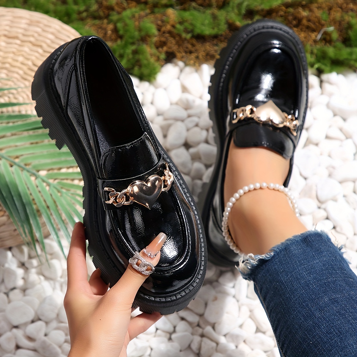 women s chain decor platform loafers fashion slip shoes