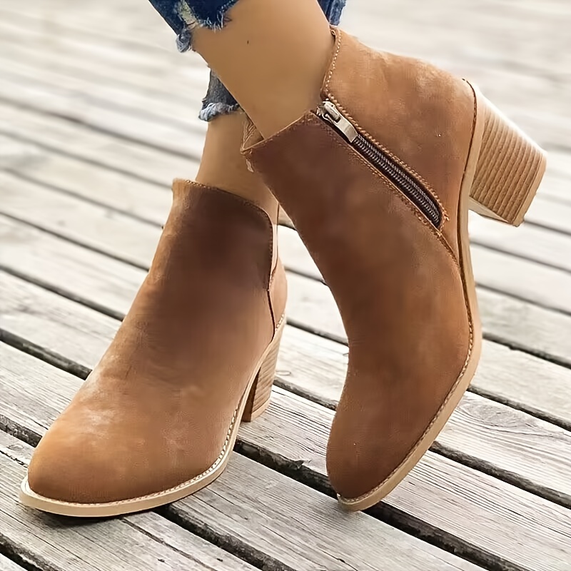 Women's Chunky Stacked Heeled Booties Solid Color Side - Temu Canada