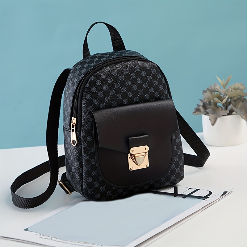 Mini Geo Pattern Zipper Backpack, Women's Fashion Faux Leather