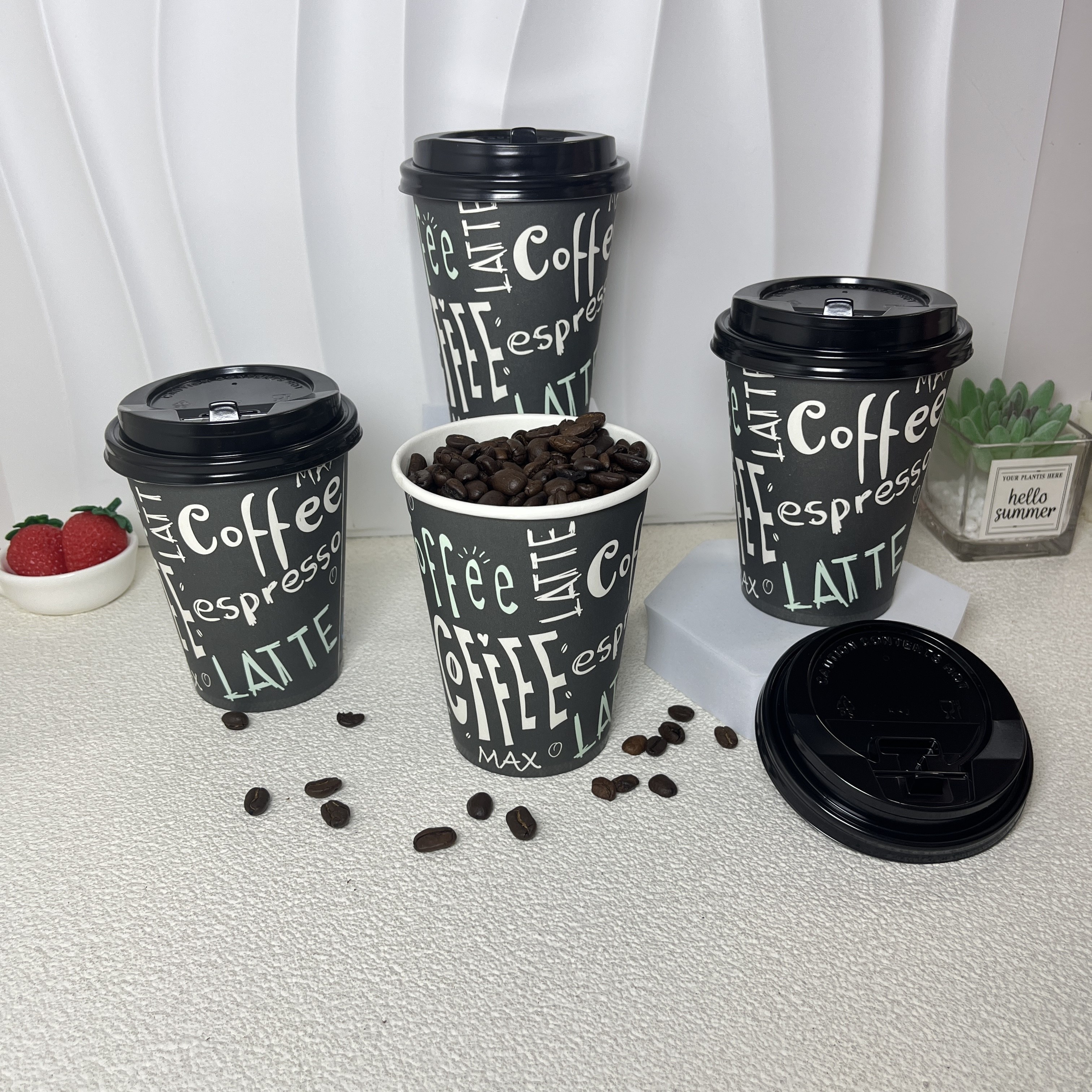 8 Ounce Disposable Paper Coffee Hot Cups with Black Lids - 50 Sets