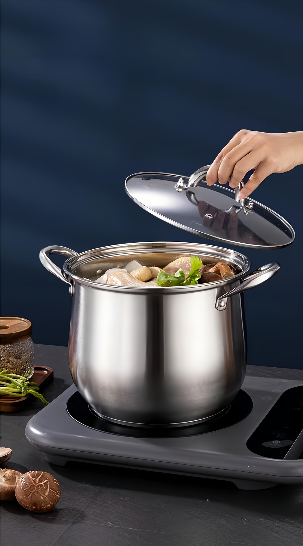 Blue Glass Cover Stainless Steel Cooking Pot with Heavy Bottom