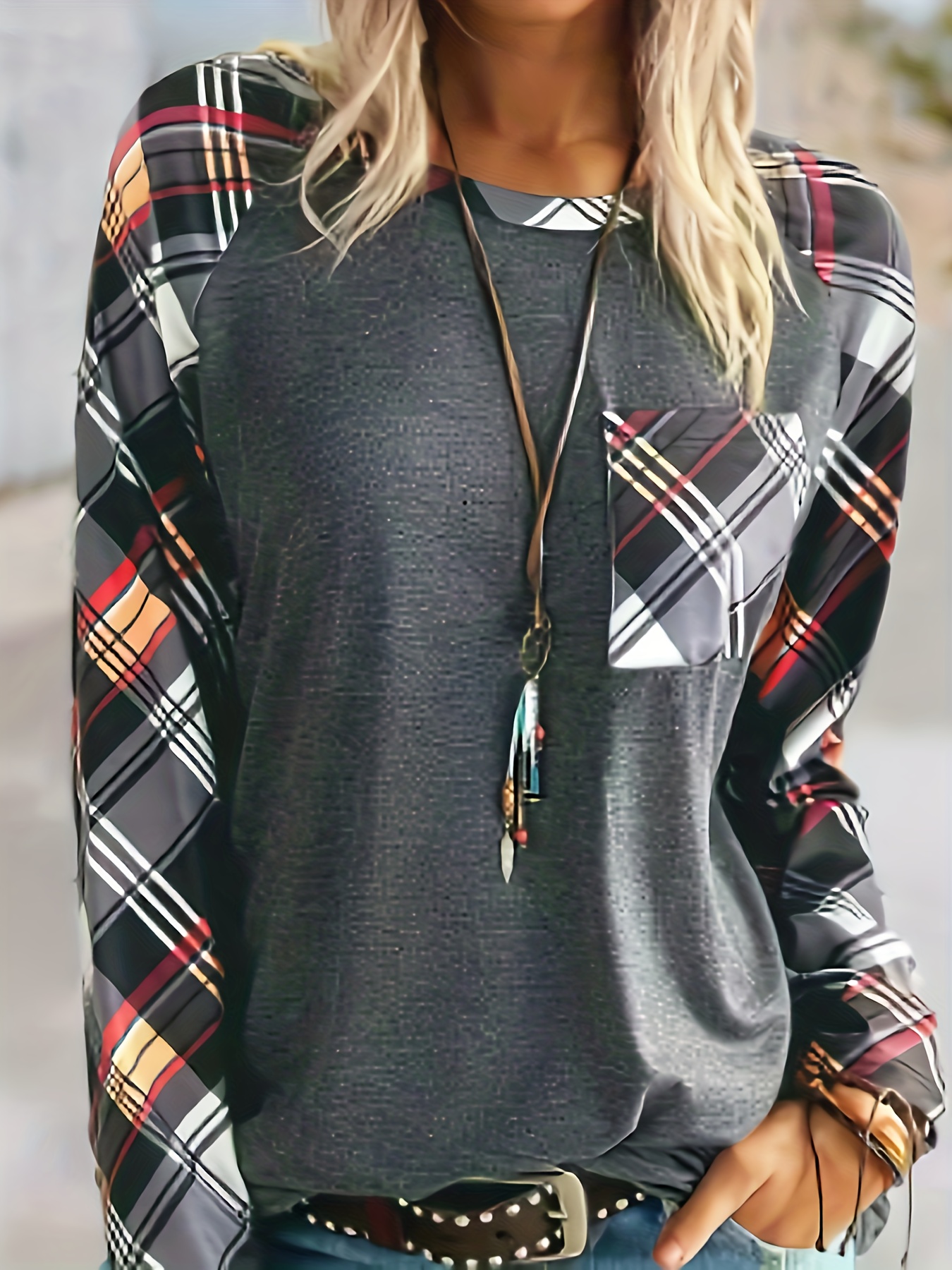 Plus Size Casual Sweatshirt Women's Plus Colorblock Plaid - Temu Canada