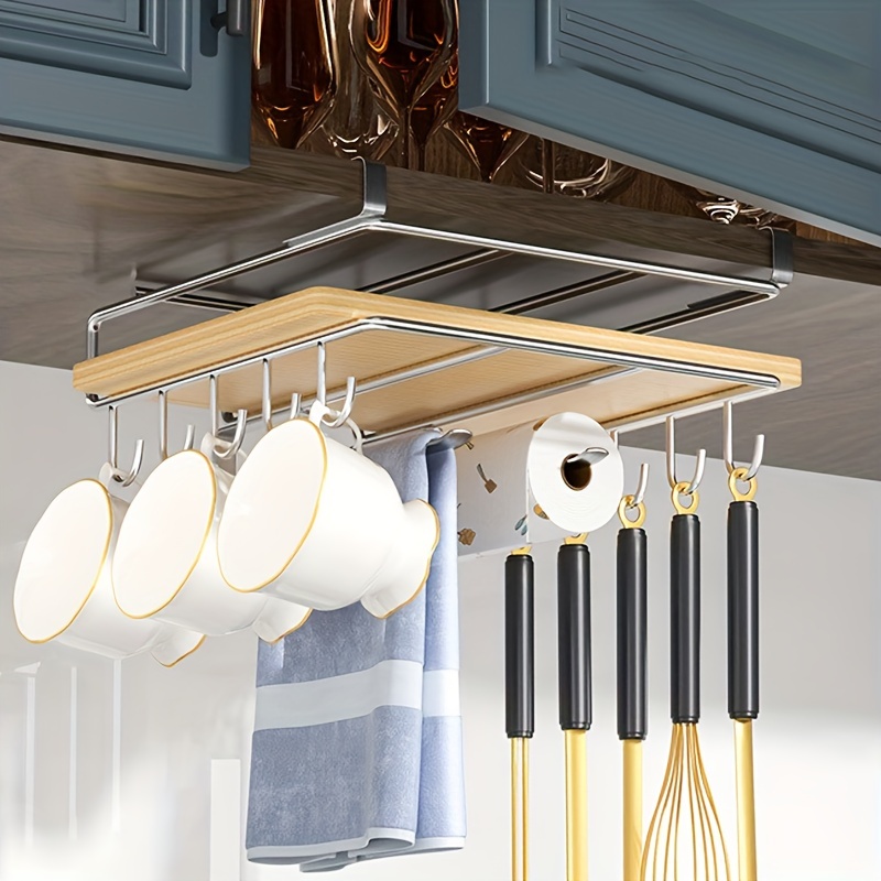 1pc Silver Kitchen Hanging Organizer For Dish Cabinet Cupboard,  Multifunctional Storage Rack Including Tissue Holder