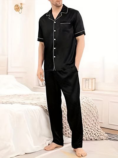 mens silk satin pajama sets 2pcs short sleeve classic sleepwear button down loungewear with long pants mens clothing for summer
