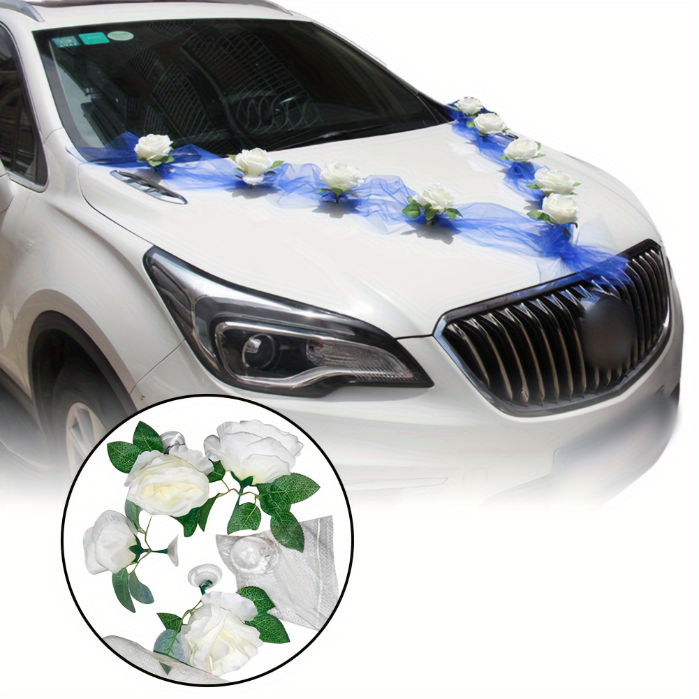 Kit de decoración de coche de boda, cinta y lazo de flores de seda