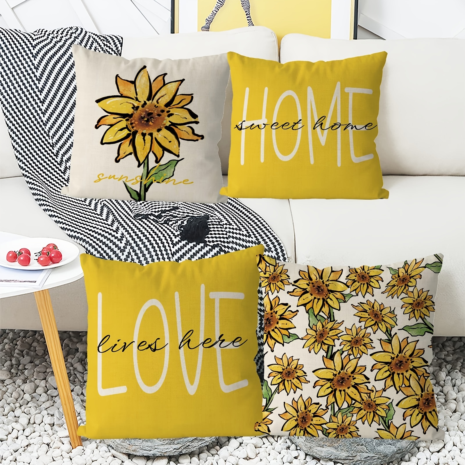 4pcs Sunflower Linen Cushion Covers, Yellow Printed Decorative Pillowcase  For Sofa, Living Room, Home Decor, 18x18 Inches (pillow Inserts Not  Included)
