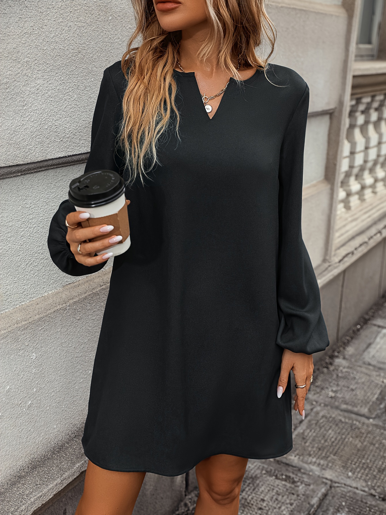 Notched Neck Simple Dress Elegant Lantern Long Sleeve Mini - Temu