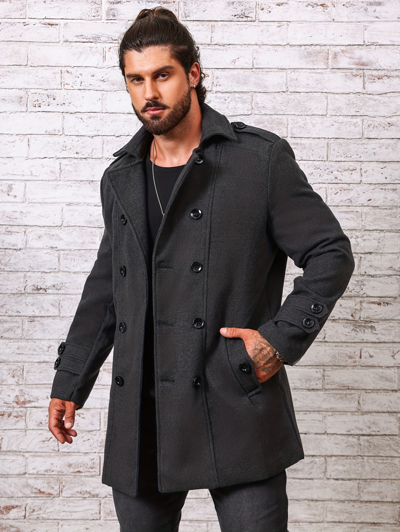 Abrigo de lana liso de talla grande, Tops elegantes a la moda, chaqueta con  botones para Otoño Invierno, ropa para hombre